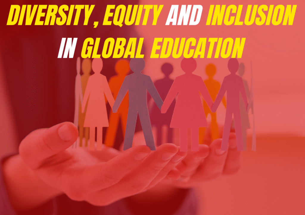 Diversity, equity & inclusion in global education illustrated by hands holding paper cutouts of diverse people, symbolizing inclusive international learning environments.
