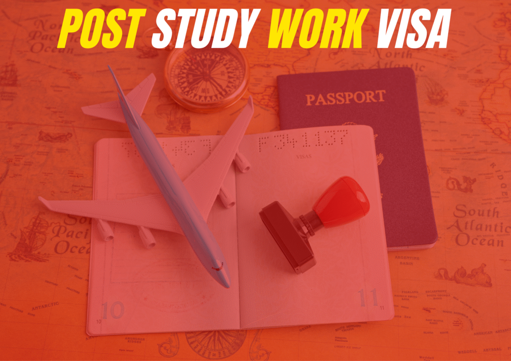 Post study work visas concept illustration showing a passport, airplane model, stamp, and map, representing global career opportunities for international graduates.