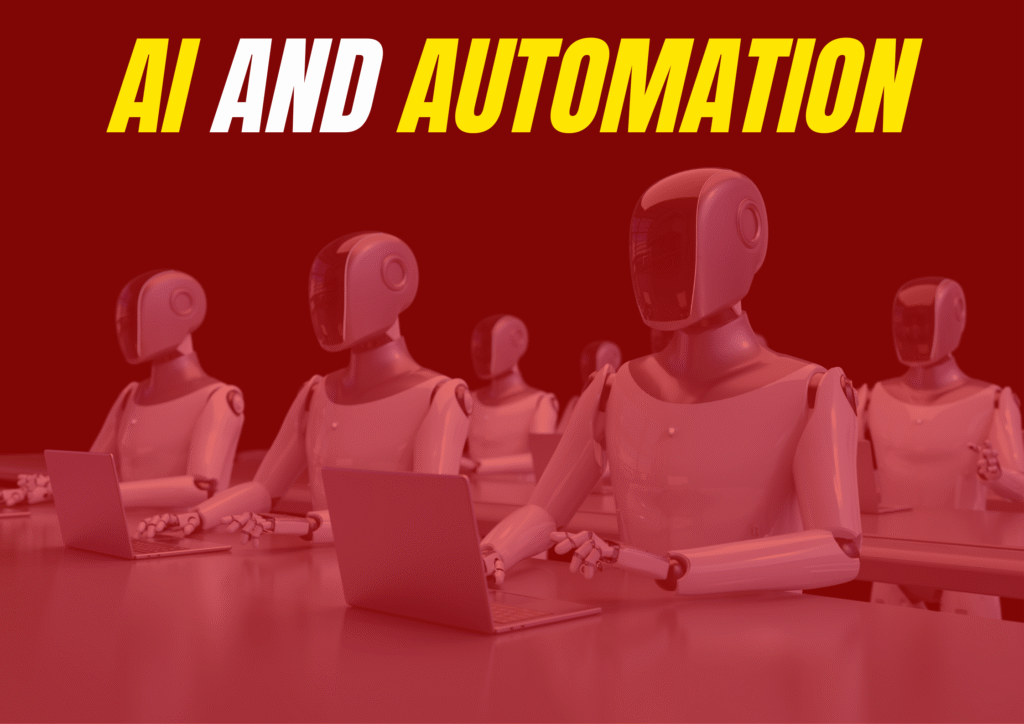 AI and automation concept showing robots working on laptops, symbolizing artificial intelligence and automation in education and study abroad technology.